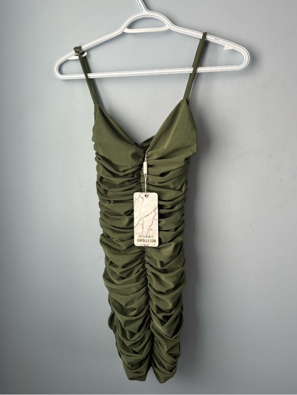 NWT Oh Polly Olive Green Ruched Bodycon Mini Dress Dual Layer Mesh Size 0